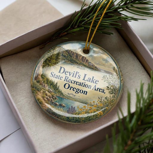 A decorative ornament in a box, featuring a scenic landscape with mountains, water, and greenery.
