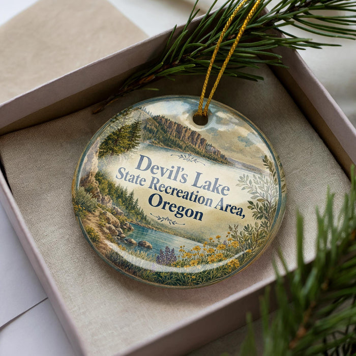 A decorative ornament in a box, featuring a scenic landscape with mountains, water, and greenery.