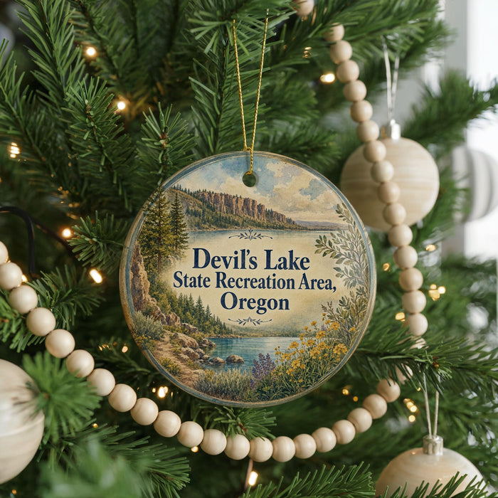 A round ornament hanging on a Christmas tree, featuring a scenic landscape with a lake and mountains.