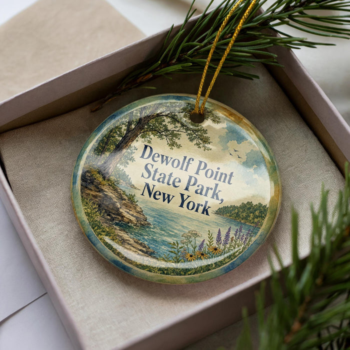 A decorative ornament in a box, featuring a scenic landscape with a lake, trees, and mountains.