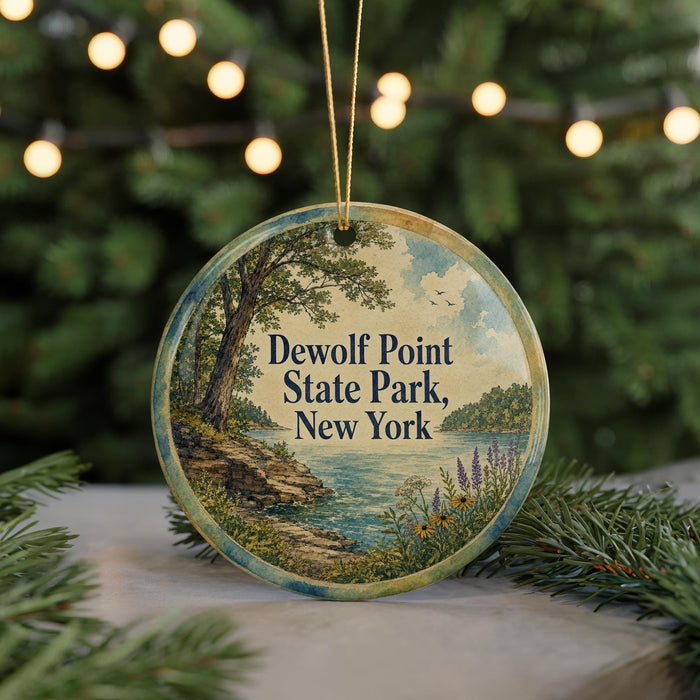 A round ornament with a scenic landscape of a lake, trees, and mountains, along with the text "DEWOLF POINT STATE PARK, NEW YORK".