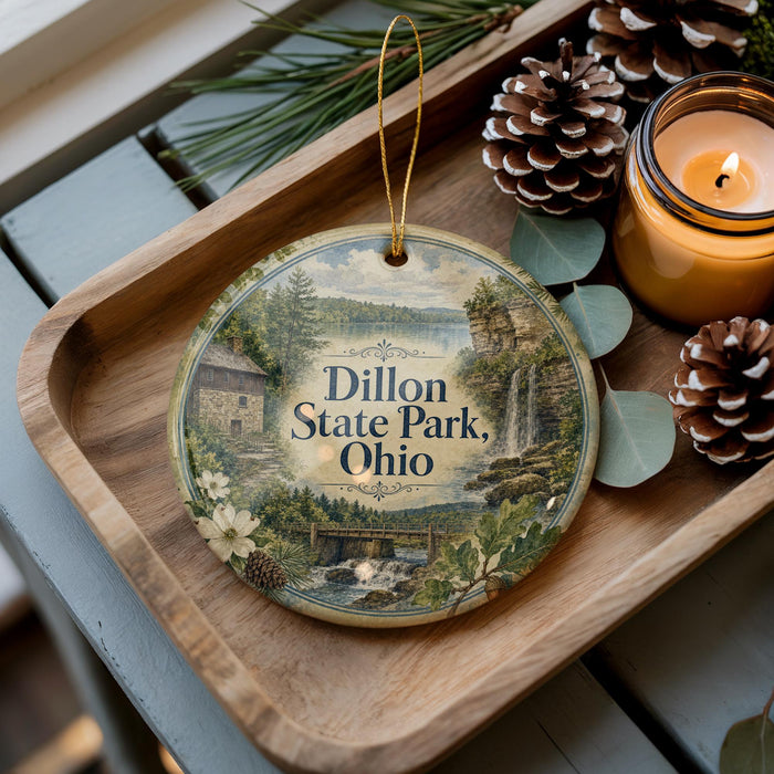 A decorative ornament featuring a scenic landscape of Dillon State Park, Ohio, with a candle and pine cones on a wooden tray.