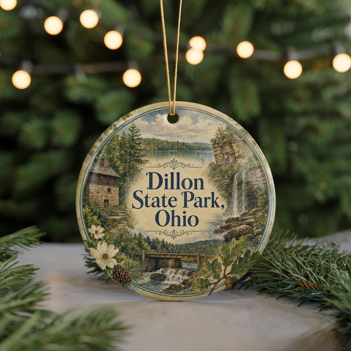 A round ornament with a scenic image of a waterfall and forest, surrounded by pine branches and holiday lights.