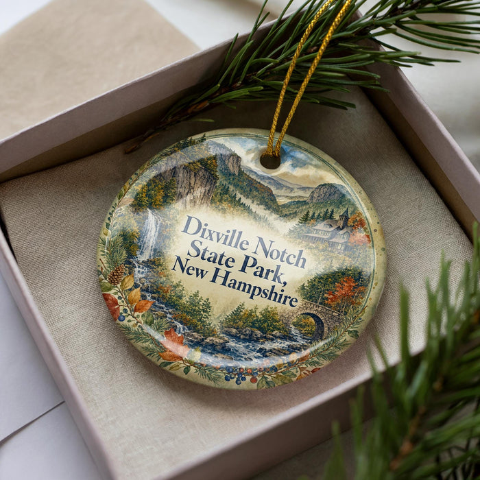A decorative ornament in a box, featuring a scenic landscape with mountains, waterfalls, and pine trees.