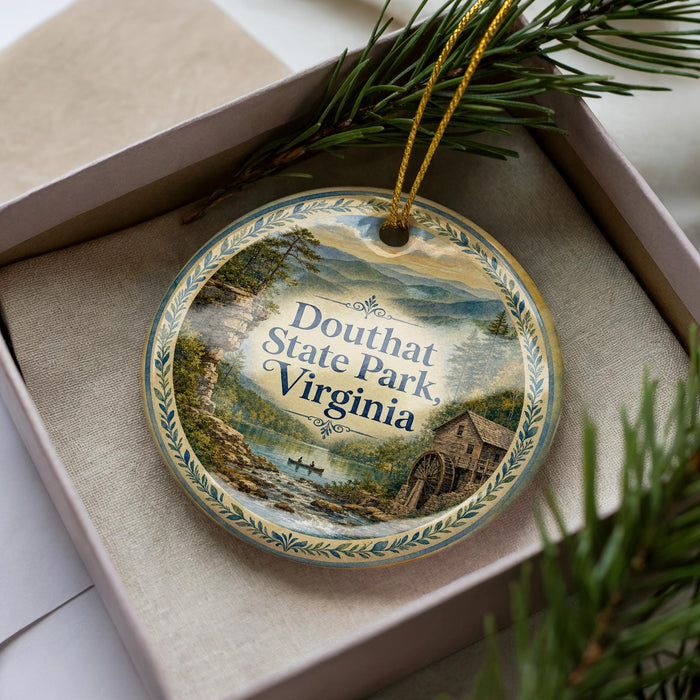 A decorative ornament with a scenic image of Douglass State Park, Virginia, displayed in a box with pine branches.
