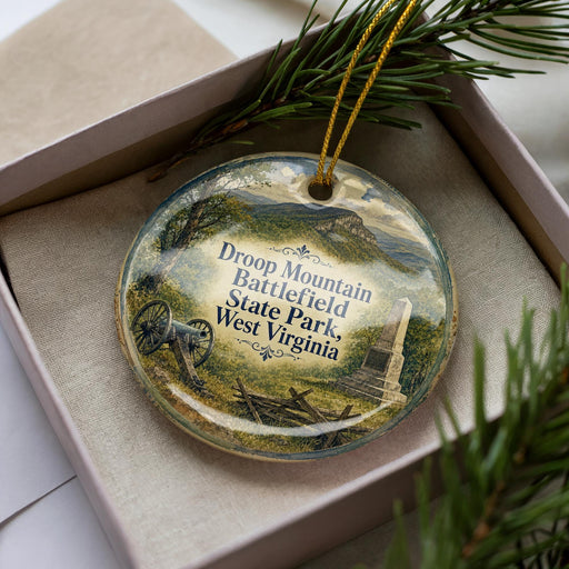 A decorative ornament in a box, featuring a scenic landscape with a monument and trees, with the text " Droop Mountain Battlefield State Park, West Virginia" prominently displayed.