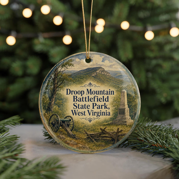 A decorative ornament featuring a scenic landscape with a monument, trees, and a cannon, hanging in front of a Christmas tree with lights.