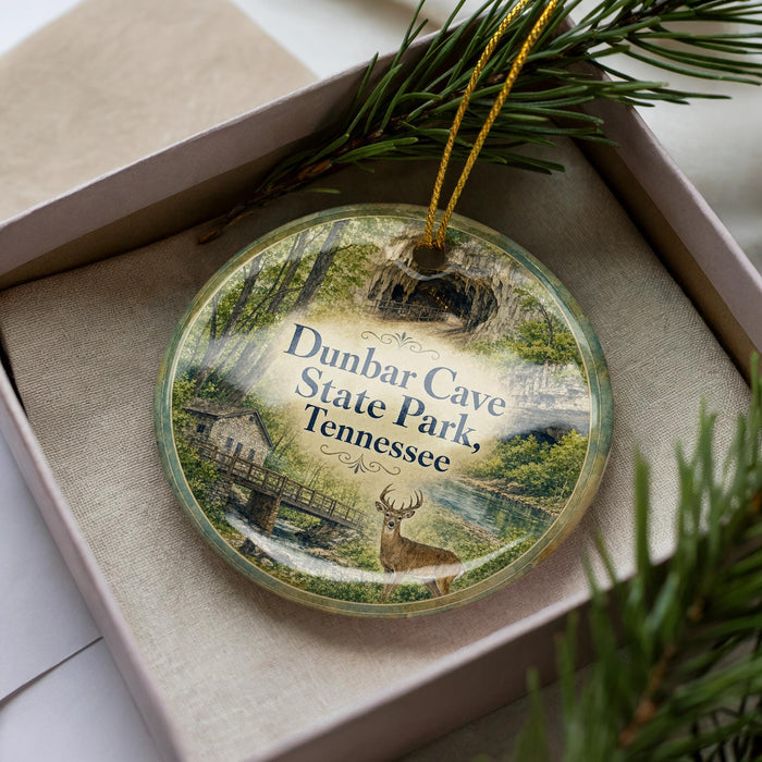 A decorative ornament featuring a scenic image of Dunbar Cave State Park in Tennessee, with a deer in the foreground and a forest landscape in the background.