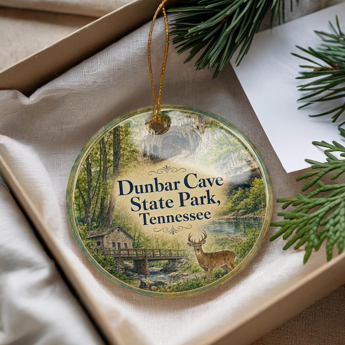 A round ornament with a scenic image of Dunbar Cave State Park, Tennessee, featuring a deer and a bridge.