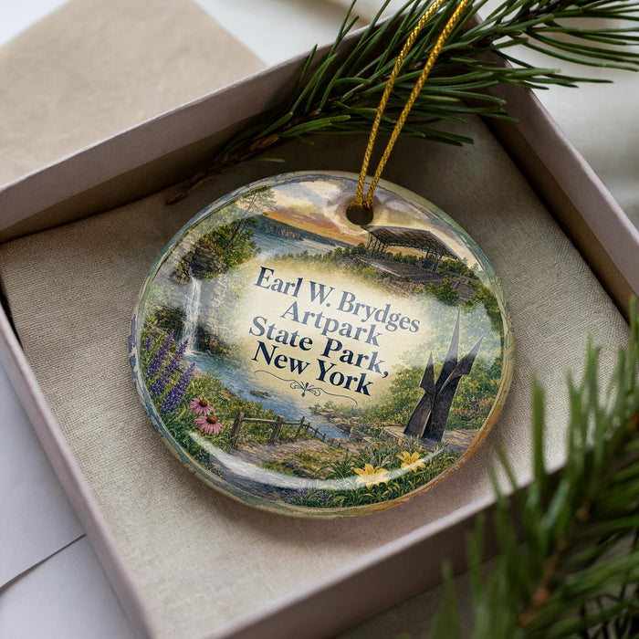 A decorative ornament in a box, featuring a scenic landscape with a river, mountains, and a church spire.