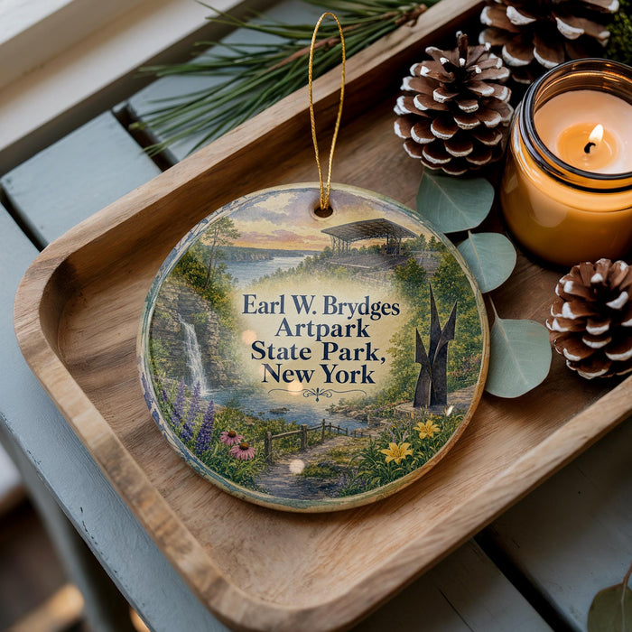 A wooden tray with a decorative ornament featuring a scenic landscape, including a waterfall, pine trees, and a bridge, along with a lit candle and pine cones.