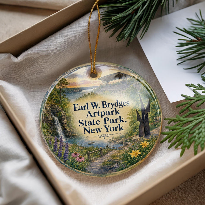 A round ornament with a scenic landscape of a waterfall, path, and flowers, hanging from a string.