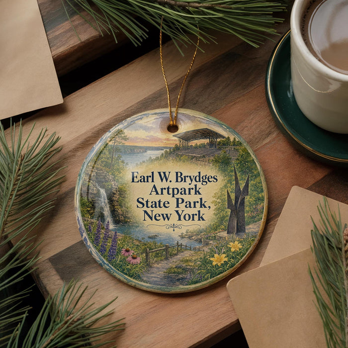 A circular ornament with a scenic landscape design hangs on a wooden surface, surrounded by pine branches and a cup of coffee.