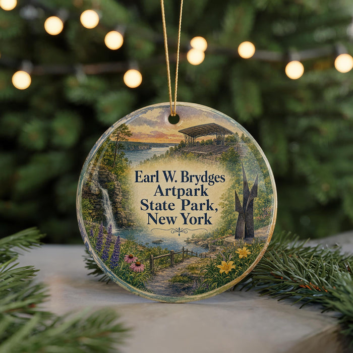 A circular ornament featuring an illustration of a scenic landscape with a waterfall, path, and various plants, hanging from a string.