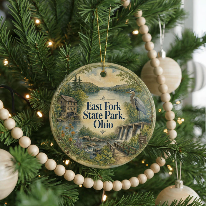 A round ornament hanging on a Christmas tree, featuring a scenic landscape with a river, a bridge, and a bird.