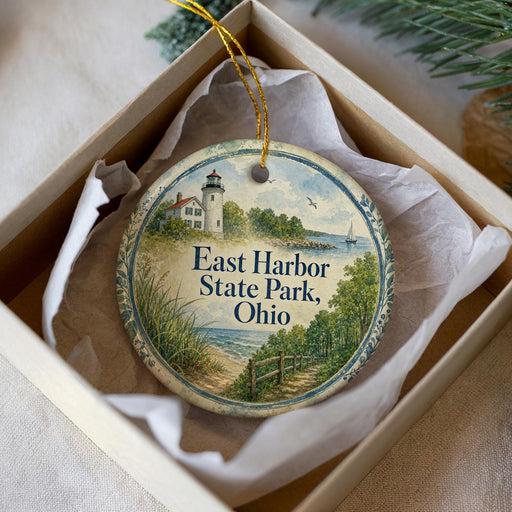 A decorative ornament in a box, featuring a lighthouse and a scenic landscape, with the text "East Harbor State Park, Ohio" printed on it.