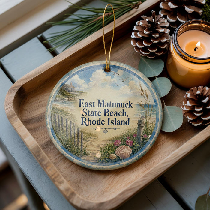 A decorative ornament with a beach scene and a lighthouse, placed on a wooden tray next to a lit candle and pine cones.