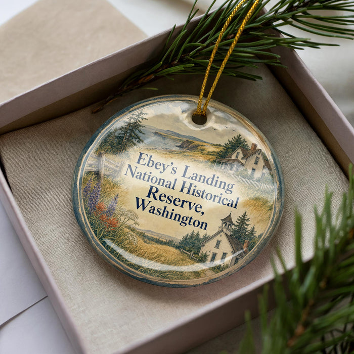A decorative ornament with a landscape scene and text, placed in a box with pine branches.