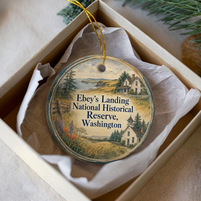A decorative ornament in a white box, featuring a scenic landscape with houses and trees.