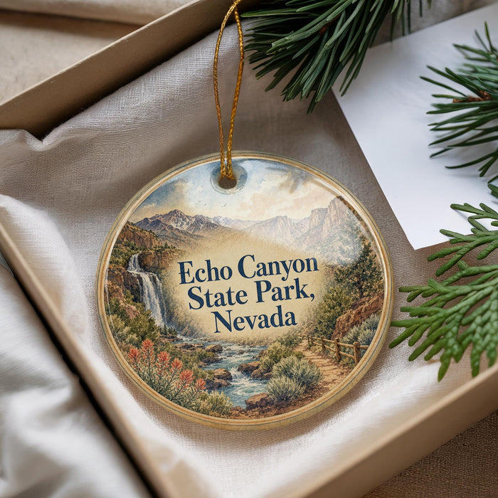 A decorative ornament with a scenic image of Echo Canyon State Park, Nevada, hanging from a string.