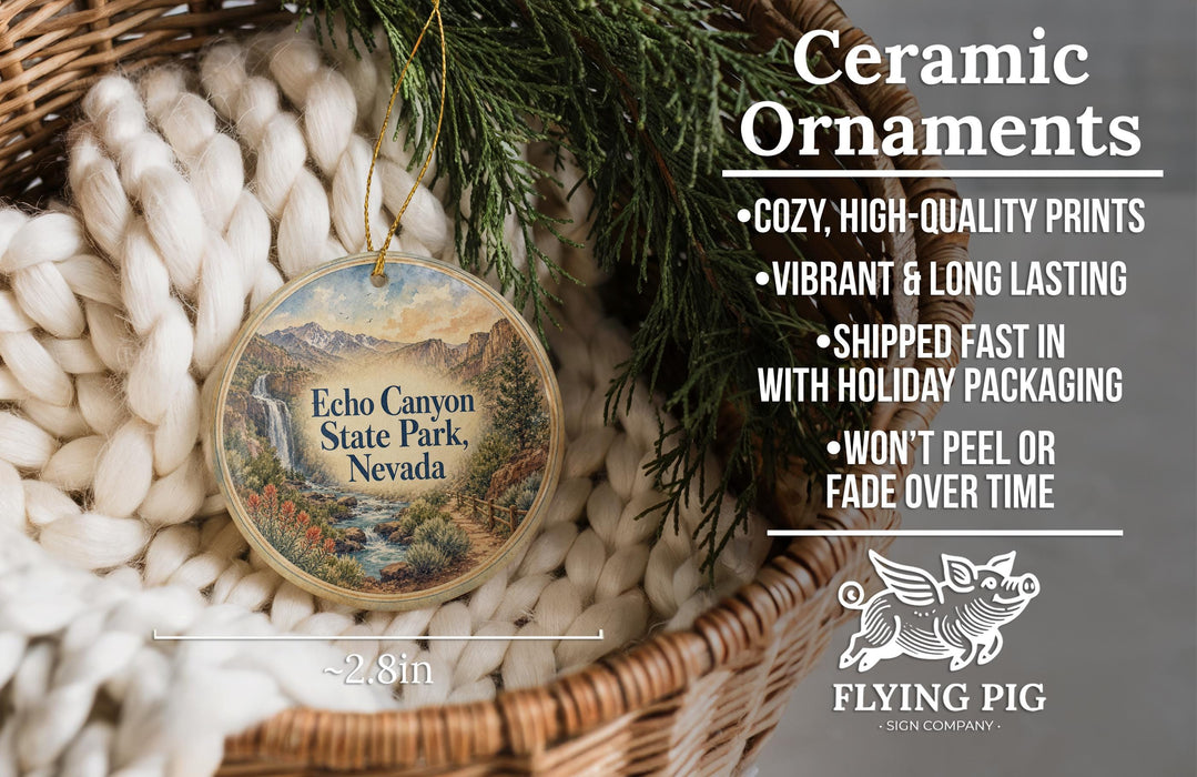 Ceramic ornaments, specifically those shaped like a waterfall and featuring the text "Echo Canyon State Park, Nevada" on them. The ornaments are displayed in a basket, and there is a description of their features and benefits.