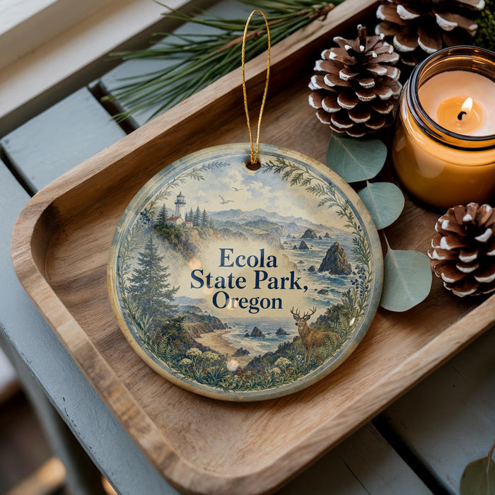 A decorative ornament featuring a scenic landscape of Ecola State Park, Oregon, with pine cones, a candle, and greenery surrounding it.