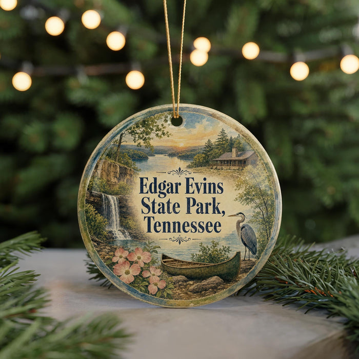 A round ornament with a scenic image of Edgar Evans State Park, Tennessee, featuring a waterfall, a bird, and a canoe.