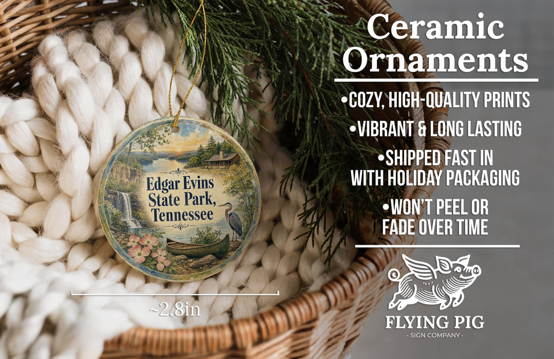 Ceramic ornaments, featuring a detailed image of Edgar Evans State Park, Tennessee, hanging from a wicker basket.