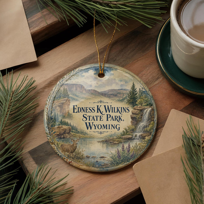 A decorative ornament featuring a scenic landscape with a waterfall, pine trees, and mountains, hanging on a wooden surface.