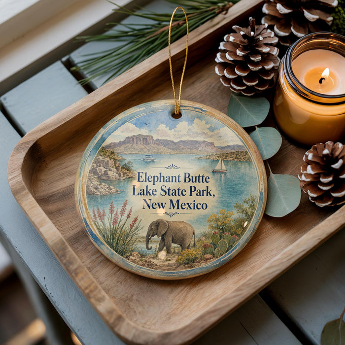 A decorative ornament featuring an elephant and a landscape with mountains, water, and pine cones, placed on a wooden tray next to a lit candle.