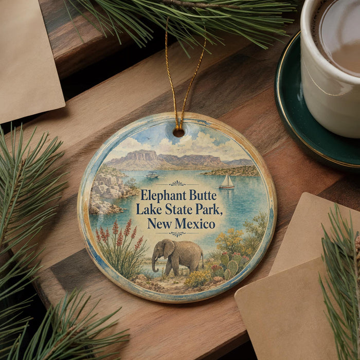 A decorative ornament featuring an elephant and a scenic landscape, with the text "Elephant Butte Lake State Park, New Mexico" printed on it.