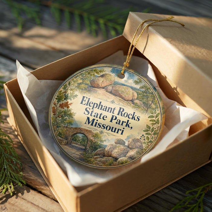 An ornamental ornament in a wooden box, featuring a scenic landscape with a bridge and rocks, with the text "Elephant Rocks State Park, Missouri" printed on it.