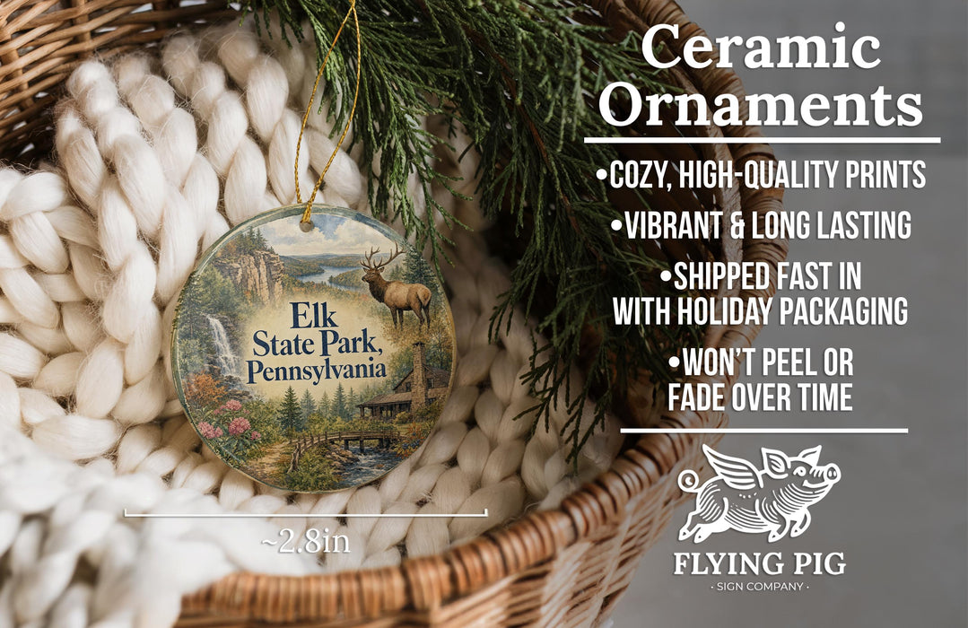 Ceramic ornaments, featuring a deer in a forest scene, are displayed in a basket.