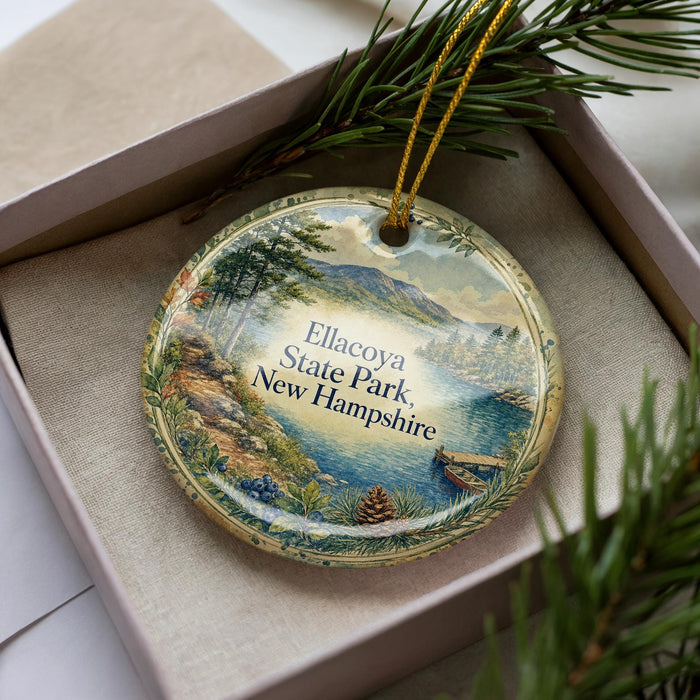 A decorative ornament with a scenic landscape of Ellacoya State Park, New Hampshire, displayed in a box with pine branches.