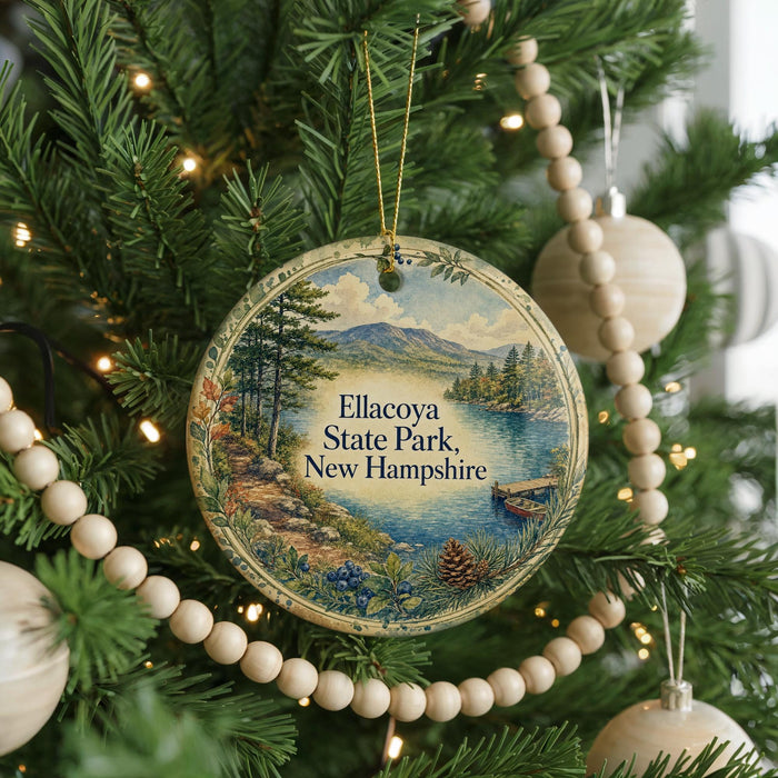 A round ornament hanging on a Christmas tree, featuring a scenic landscape with mountains, trees, and a lake.