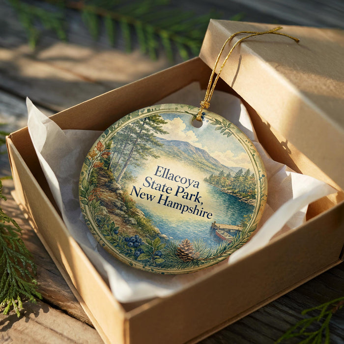 A decorative ornament in a wooden box, featuring a scenic landscape with a lake, mountains, and pine trees.