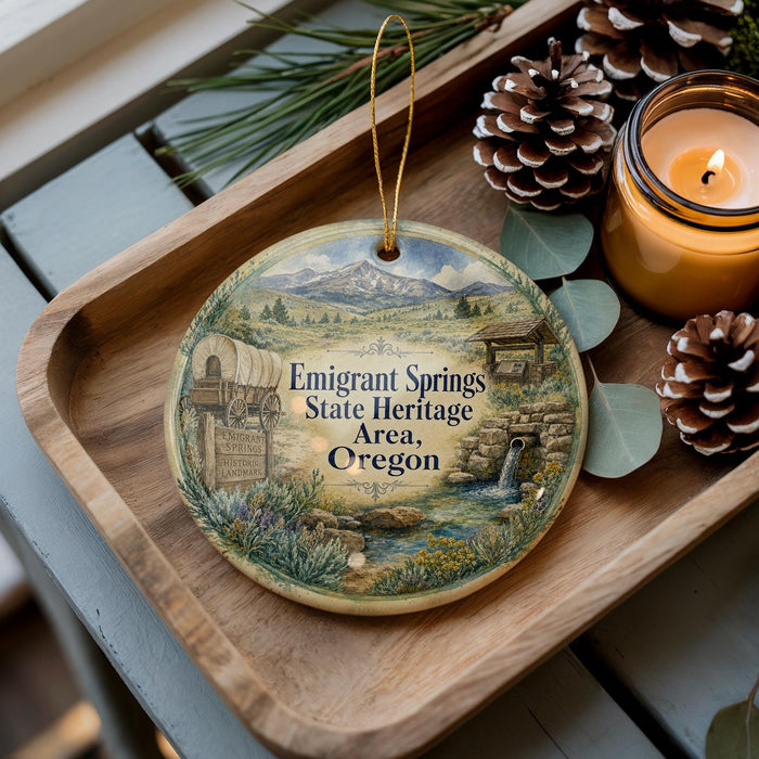 A decorative ornament with a scenic landscape and text, placed on a wooden surface next to a lit candle and pine cones.