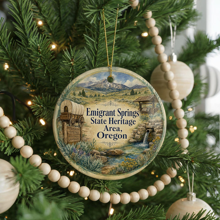 A round ornament hanging on a Christmas tree, featuring a scenic landscape with mountains, a river, and a wagon.