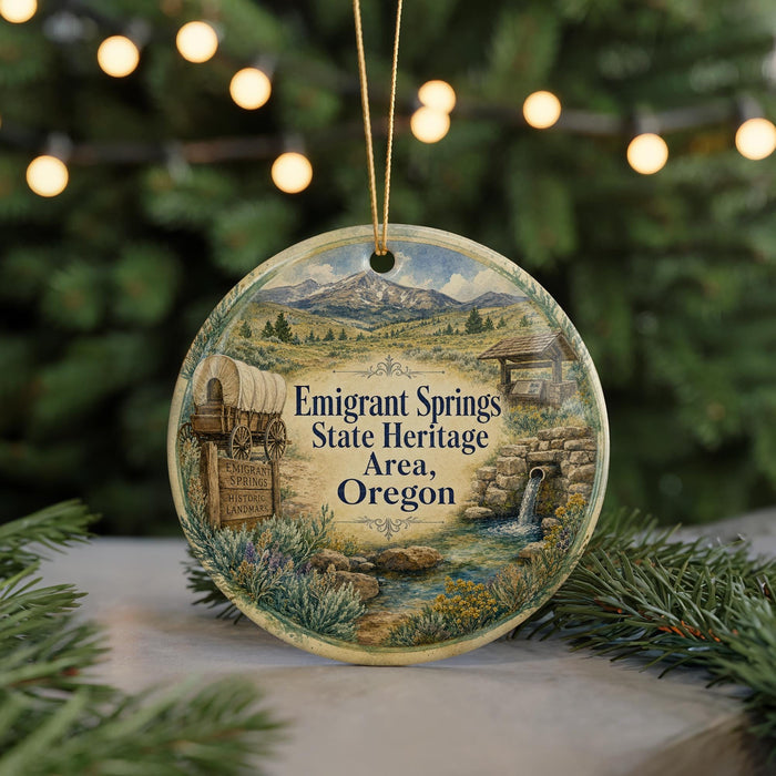 A decorative ornament featuring a wagon and a sign that says "Emigrant Springs State Heritage Area, Oregon".
