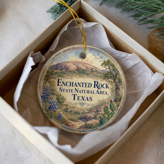A decorative ornament in a box, featuring a scenic landscape with mountains, trees, and a cactus.