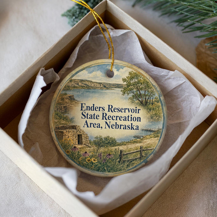 A round ornament with a scenic landscape of a lake and mountains, featuring the text "Enders Reservoir State Recreation Area, Nebraska" on it.