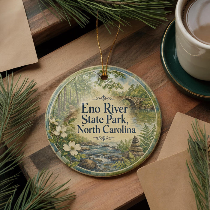 A round ornament with a scenic image of Eno River State Park, North Carolina, hangs on a wooden surface.