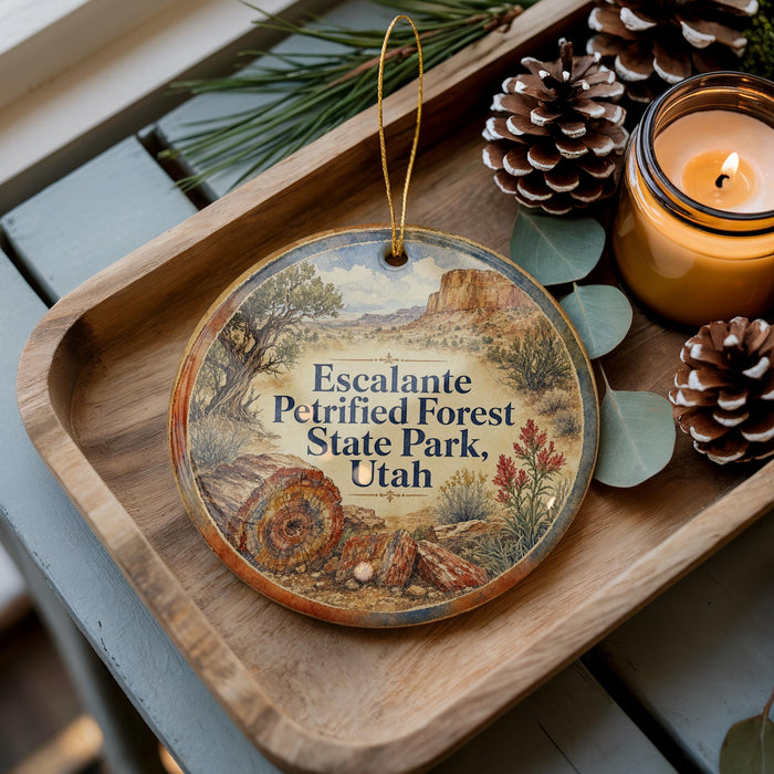 A wooden tray with a decorative ornament featuring a scenic landscape of Escalante Petrified Forest State Park, Utah.