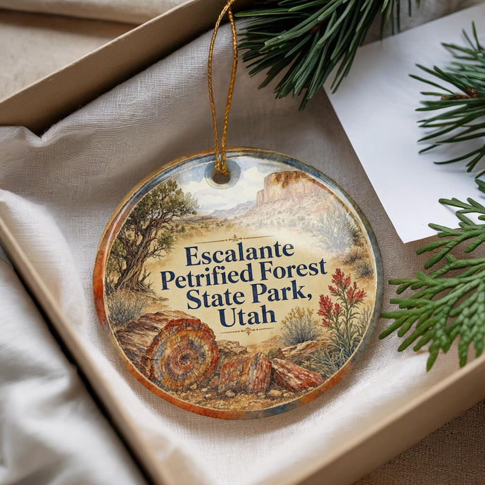 A decorative ornament with a landscape scene and text, placed in a box with pine branches.