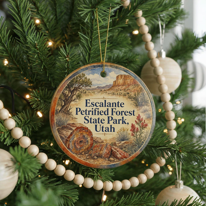 A circular ornament hanging on a Christmas tree, featuring a scenic image of the Escalante Petrified Forest State Park in Utah.