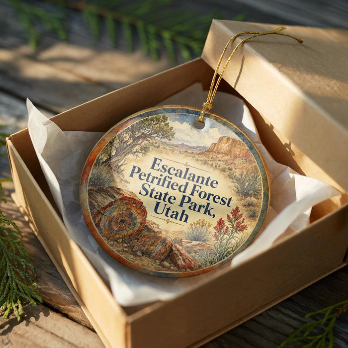 A round ornament in a box, featuring a scenic landscape with mountains, trees, and a winding path, with the text "Escalante Petrified Forest State Park, Utah" printed on it.