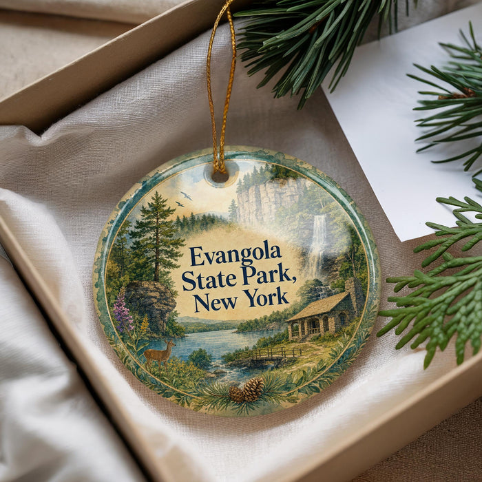 A decorative ornament with a scenic landscape of Evangola State Park, New York, featuring a waterfall, pine trees, and a cabin.