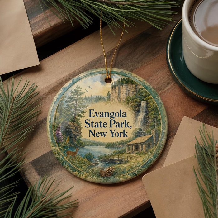 A decorative ornament featuring a scenic landscape of Evangola State Park, New York, with pine trees, a waterfall, and a cabin in the background.