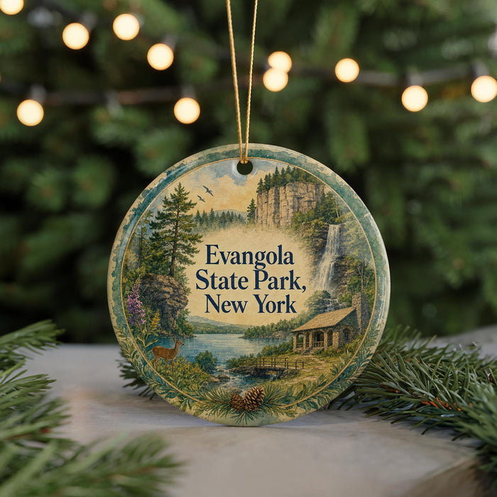 A round ornament with a scenic landscape of Evangola State Park, New York, featuring a waterfall, pine trees, and a cabin.
