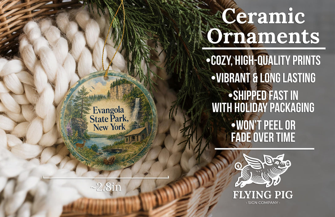 Ceramic ornaments, featuring a vintage-style design of a cabin and trees, are displayed in a woven basket.